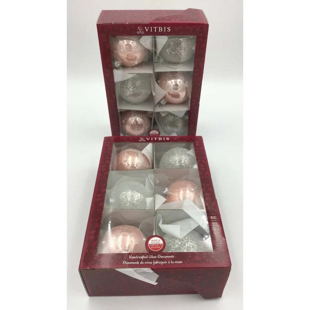 Vitbis Handcrafted Glass Ornaments Set of 12 Rose Gold White Glitter Poland